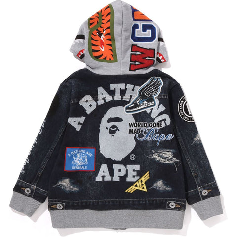SHARK BAPE EMBLEM DENIM JACKET PRINT ZIP HOODIE KIDS