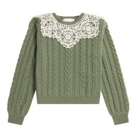 BAPY LACE-PATCHED CABLE KNIT TOP LADIES